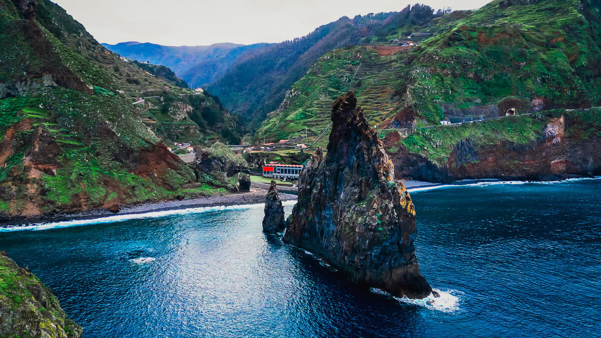 Drone shot of ribeira da janela from seaside with view on the rocks