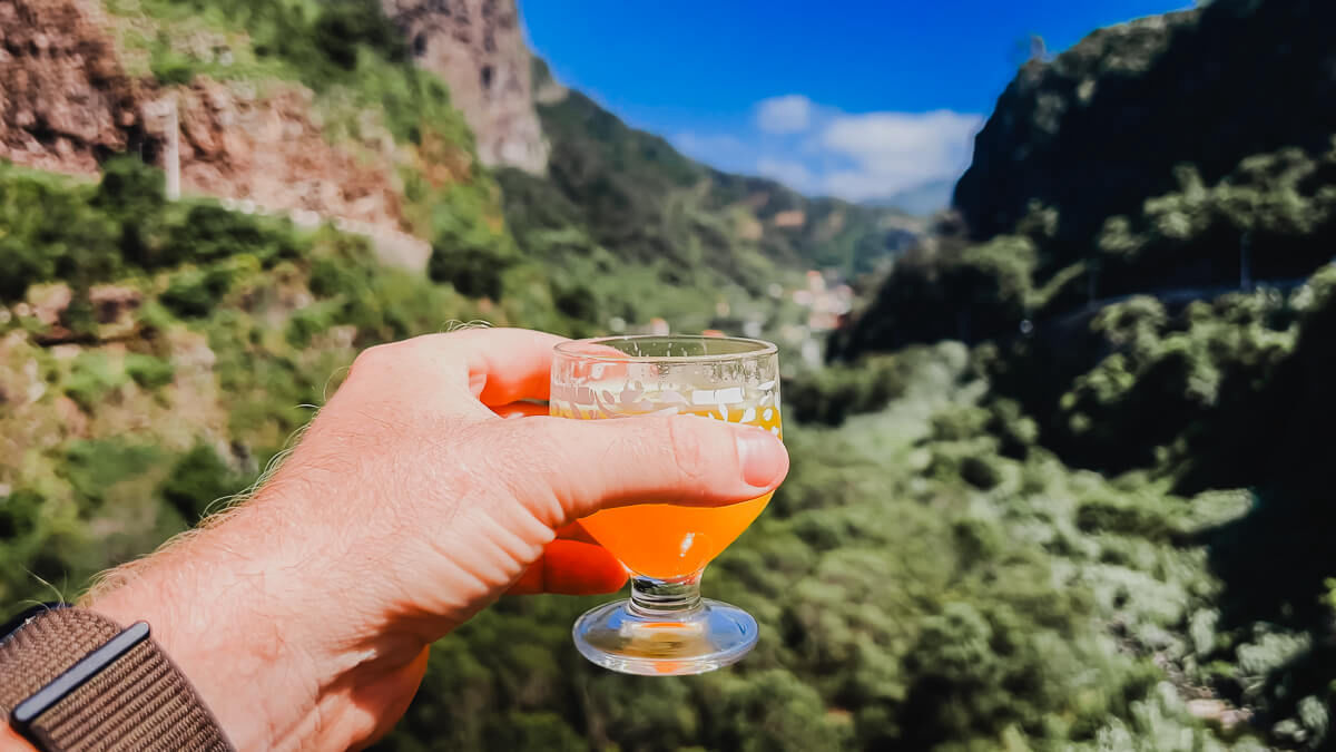 A hand holding a poncha drink with nature in the background
